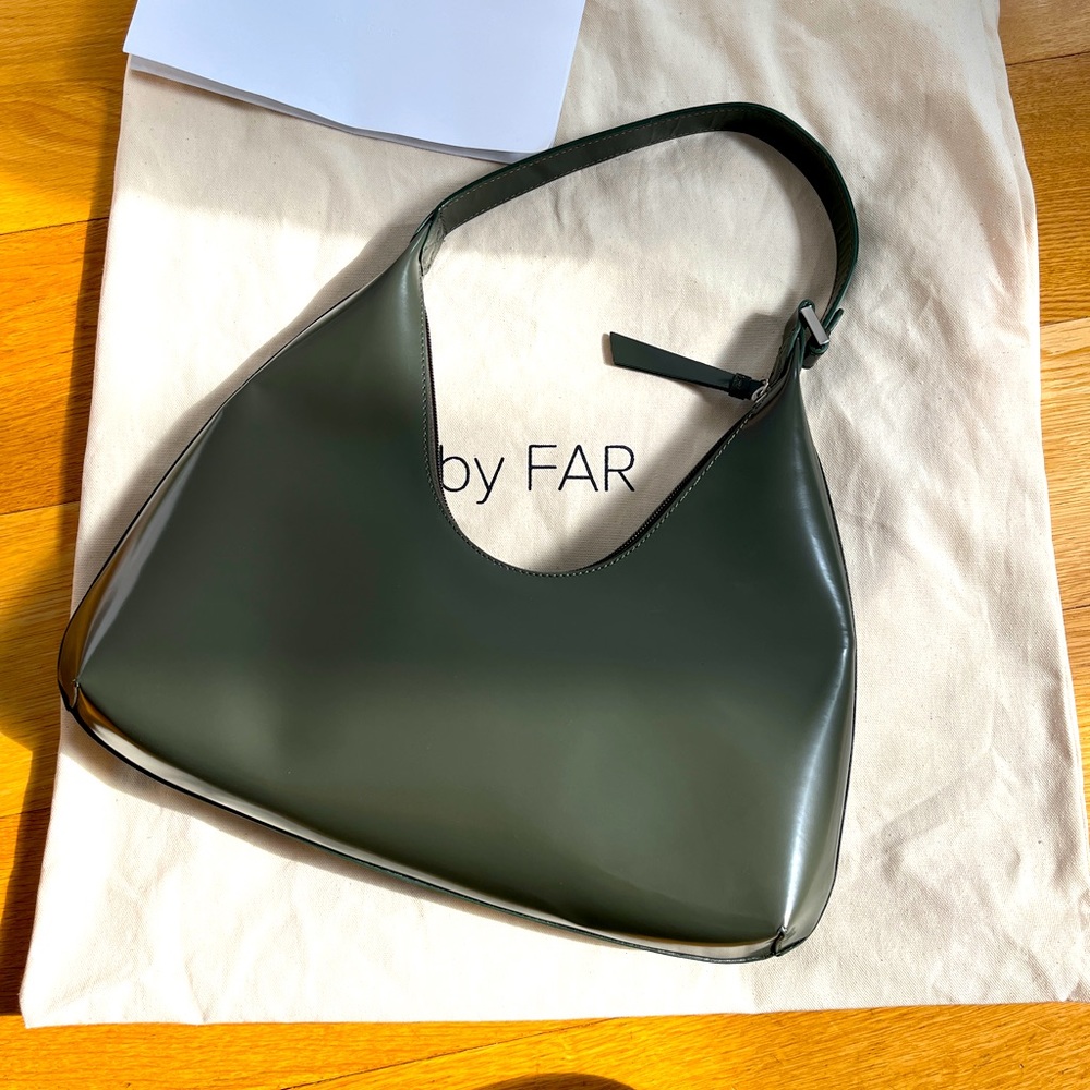 New By Far Amber Moss Green Semi Patent Leather Bag
